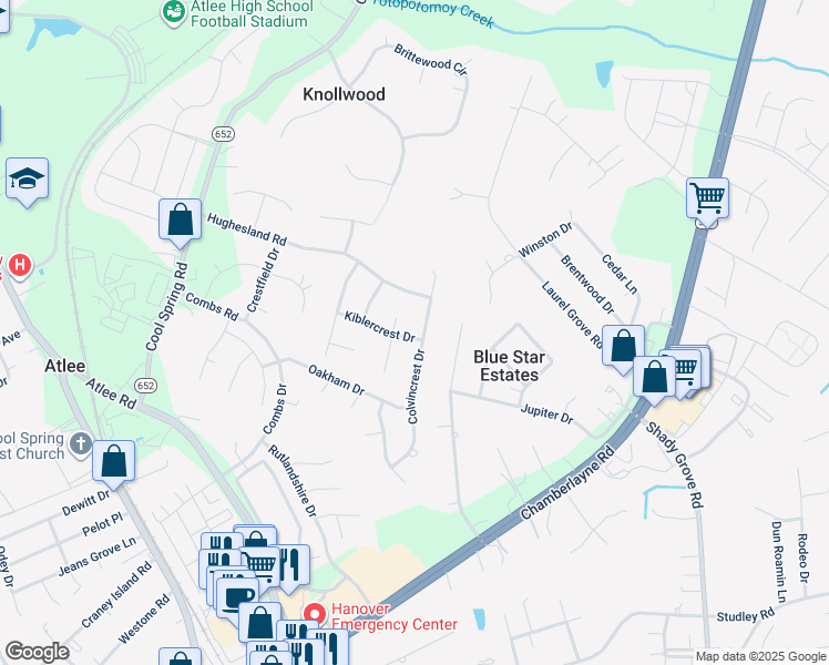 map of restaurants, bars, coffee shops, grocery stores, and more near 9387 Colvincrest Drive in Mechanicsville