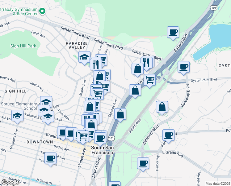 map of restaurants, bars, coffee shops, grocery stores, and more near 210 Armour Avenue in South San Francisco