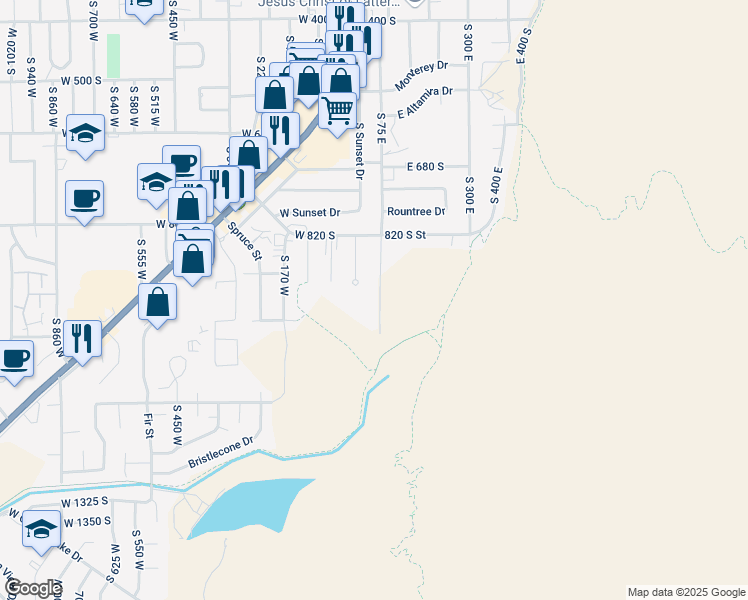 map of restaurants, bars, coffee shops, grocery stores, and more near South 75 East in Cedar City