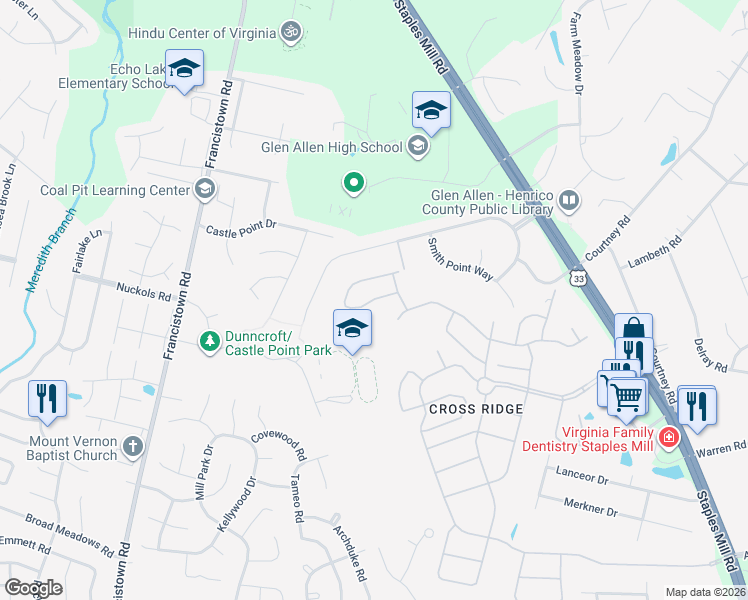 map of restaurants, bars, coffee shops, grocery stores, and more near 3726 Hoskins Drive in Glen Allen