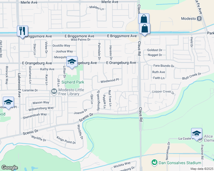 map of restaurants, bars, coffee shops, grocery stores, and more near 3728 Springcreek Drive in Modesto