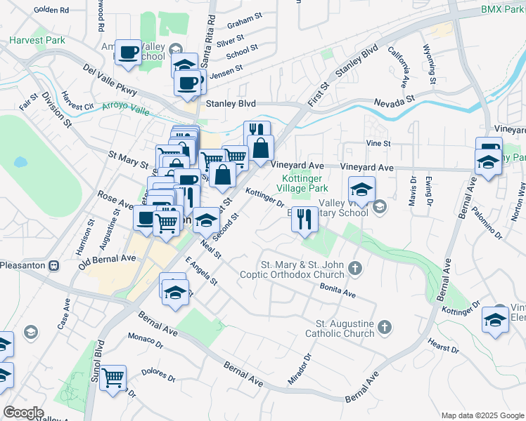 map of restaurants, bars, coffee shops, grocery stores, and more near 259 Kottinger Drive in Pleasanton