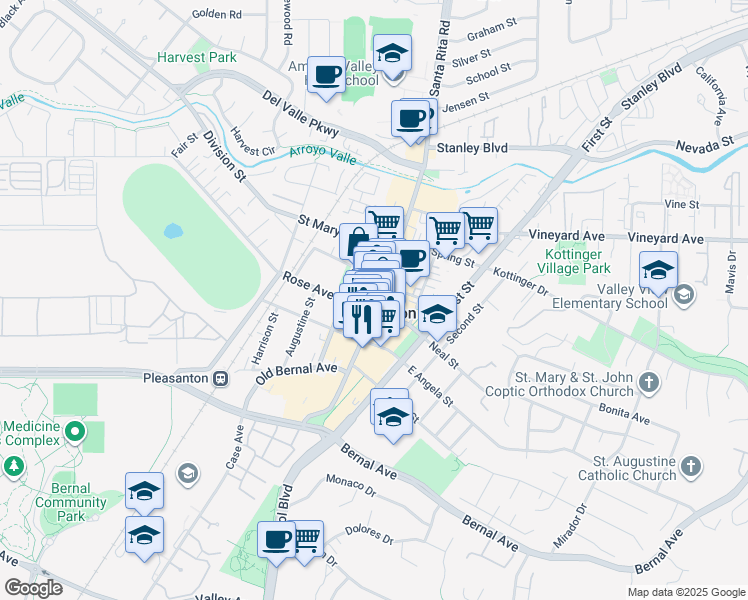 map of restaurants, bars, coffee shops, grocery stores, and more near in Pleasanton
