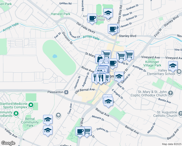 map of restaurants, bars, coffee shops, grocery stores, and more near 257 West Angela Street in Pleasanton