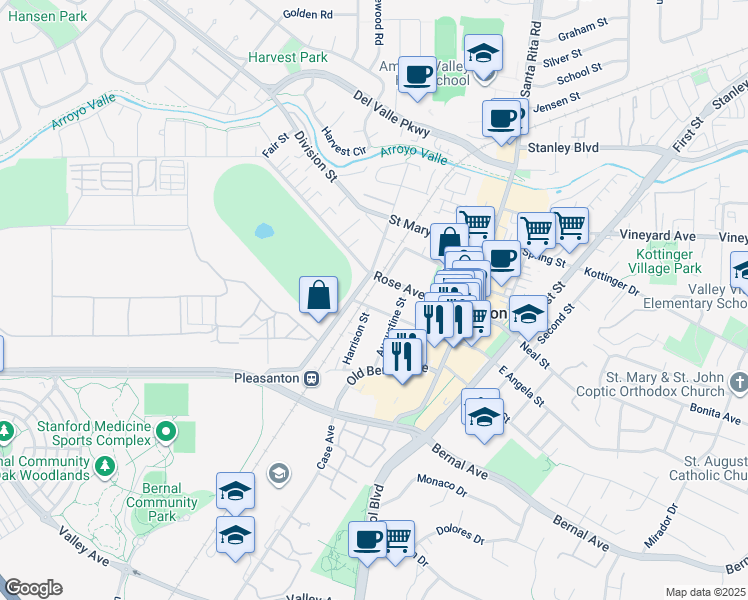 map of restaurants, bars, coffee shops, grocery stores, and more near 361 West Angela Street in Pleasanton