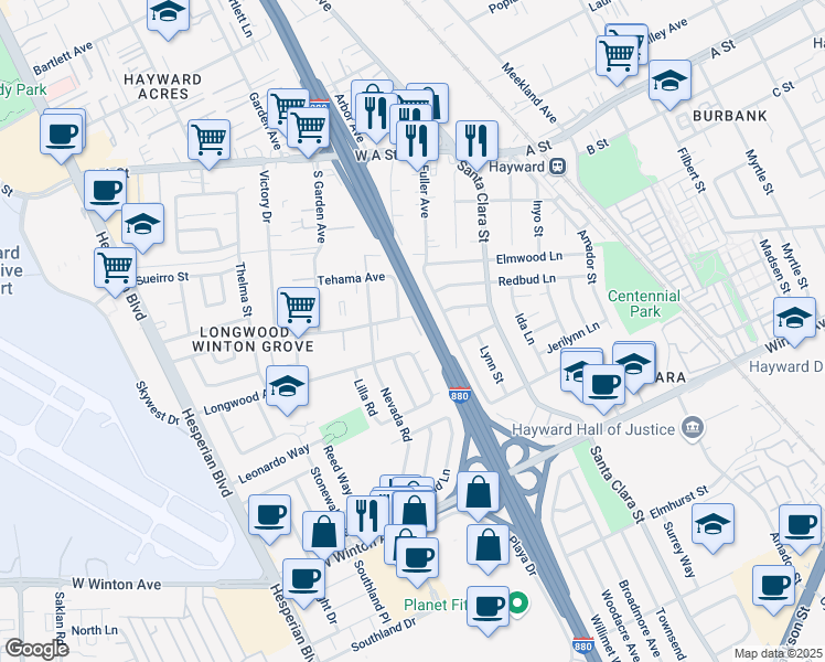 map of restaurants, bars, coffee shops, grocery stores, and more near 519 Longwood Avenue in Hayward