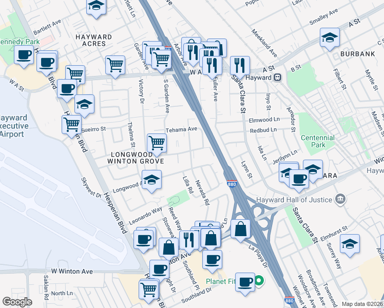 map of restaurants, bars, coffee shops, grocery stores, and more near 607 Longwood Avenue in Hayward