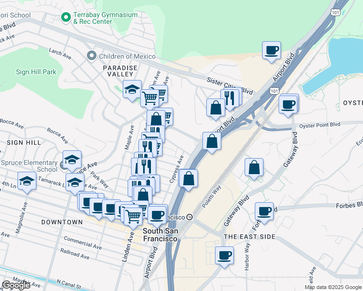 map of restaurants, bars, coffee shops, grocery stores, and more near 207 Armour Avenue in South San Francisco
