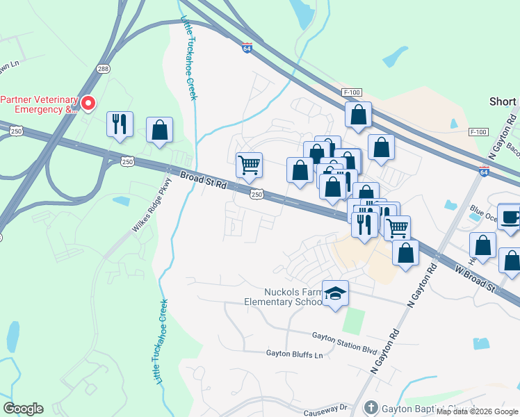 map of restaurants, bars, coffee shops, grocery stores, and more near 12401 West Broad Street in Richmond