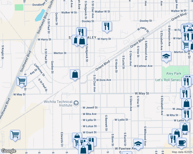 map of restaurants, bars, coffee shops, grocery stores, and more near 2298 Dora Street in Wichita