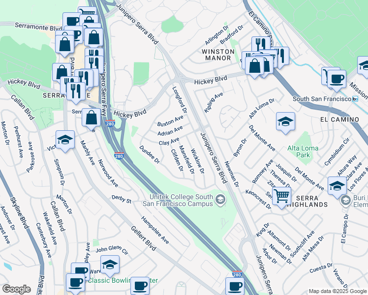 map of restaurants, bars, coffee shops, grocery stores, and more near 209 Mansfield Drive in South San Francisco