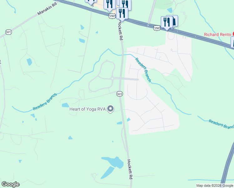 map of restaurants, bars, coffee shops, grocery stores, and more near 1496 Hockett Road in Manakin-Sabot