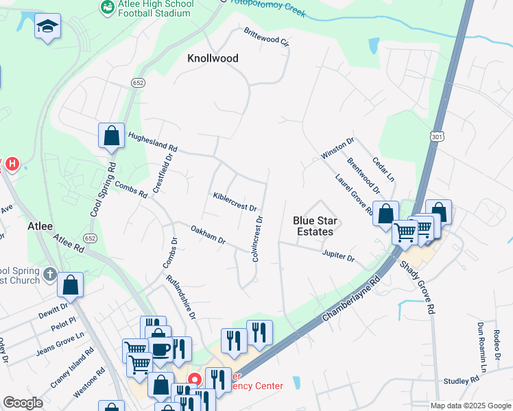 map of restaurants, bars, coffee shops, grocery stores, and more near 9387 Colvincrest Drive in Mechanicsville