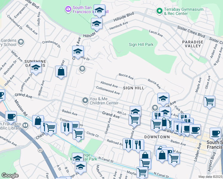 map of restaurants, bars, coffee shops, grocery stores, and more near 728 Cottonwood Avenue in South San Francisco