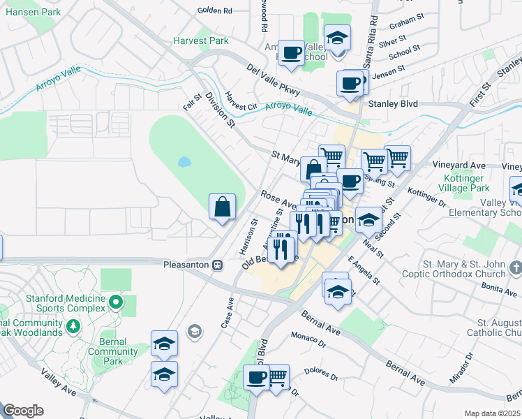 map of restaurants, bars, coffee shops, grocery stores, and more near 399 West Angela Street in Pleasanton