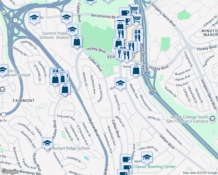 map of restaurants, bars, coffee shops, grocery stores, and more near 4416 Callan Boulevard in Daly City