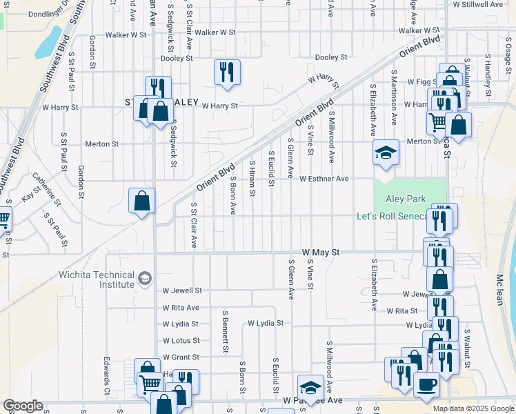 map of restaurants, bars, coffee shops, grocery stores, and more near 1844 South Hiram Avenue in Wichita