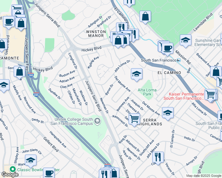 map of restaurants, bars, coffee shops, grocery stores, and more near 831 Byron Drive in South San Francisco