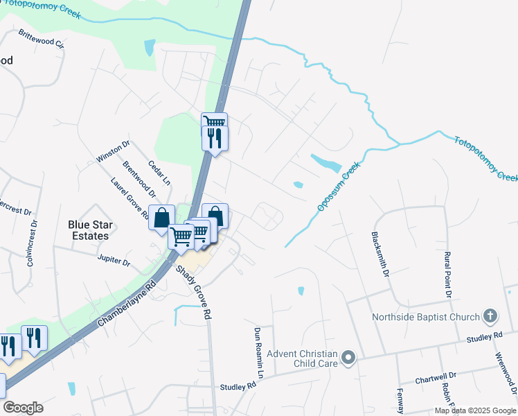 map of restaurants, bars, coffee shops, grocery stores, and more near 8221 Marley Drive in Mechanicsville