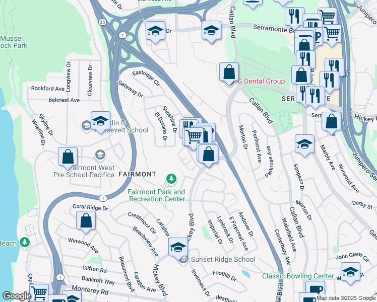 map of restaurants, bars, coffee shops, grocery stores, and more near 304 Gateway Drive in Pacifica
