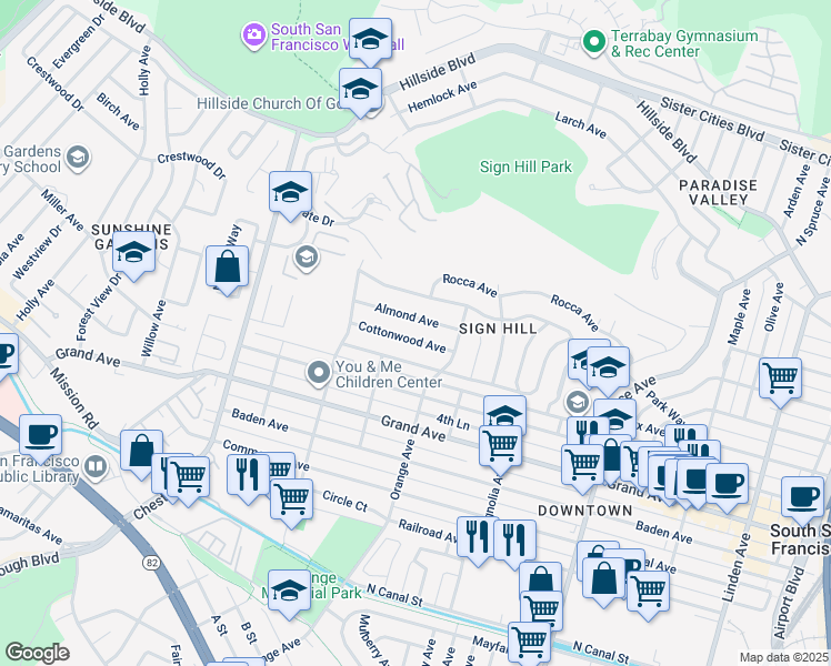 map of restaurants, bars, coffee shops, grocery stores, and more near 728 Cottonwood Avenue in South San Francisco
