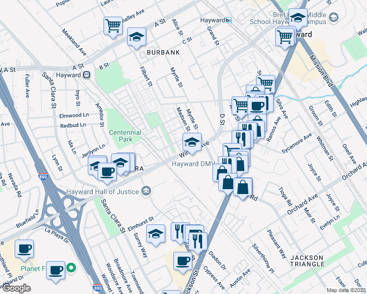 map of restaurants, bars, coffee shops, grocery stores, and more near 1231 George Circle in Hayward