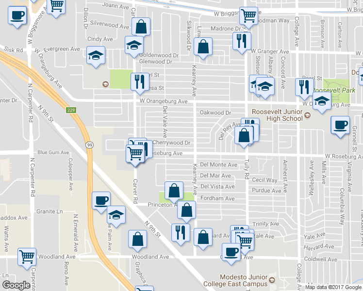 map of restaurants, bars, coffee shops, grocery stores, and more near 1518 Cherrywood Drive in Modesto