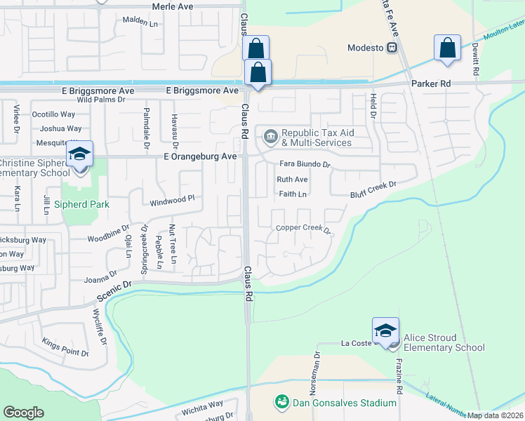 map of restaurants, bars, coffee shops, grocery stores, and more near 1133 Copper Lantern Court in Modesto