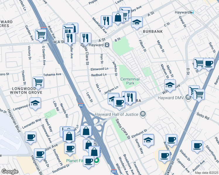 map of restaurants, bars, coffee shops, grocery stores, and more near 306 Jerilynn Lane in Hayward