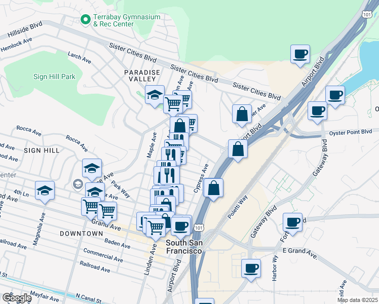 map of restaurants, bars, coffee shops, grocery stores, and more near 234 Juniper Avenue in South San Francisco