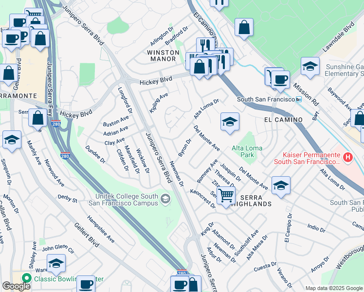 map of restaurants, bars, coffee shops, grocery stores, and more near 843 Byron Drive in South San Francisco