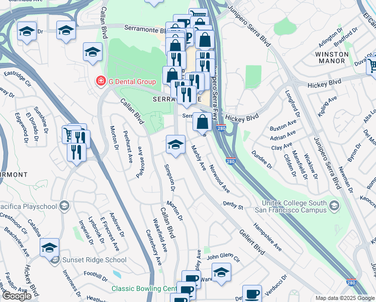 map of restaurants, bars, coffee shops, grocery stores, and more near 126 Marbly Avenue in Daly City
