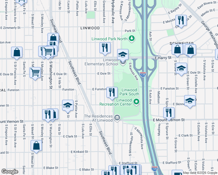map of restaurants, bars, coffee shops, grocery stores, and more near 1813 Greenwood in Wichita