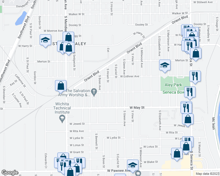 map of restaurants, bars, coffee shops, grocery stores, and more near 2011 Dora Street in Wichita