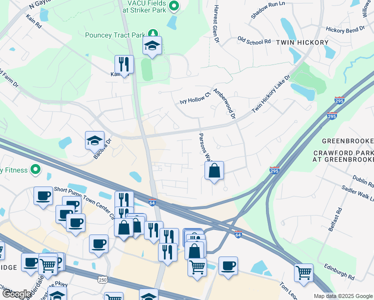 map of restaurants, bars, coffee shops, grocery stores, and more near 504 Winterhawk Place in Glen Allen