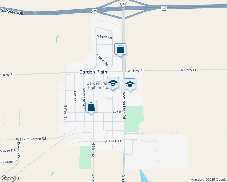 map of restaurants, bars, coffee shops, grocery stores, and more near 720 North Sedgwick Street in Garden Plain
