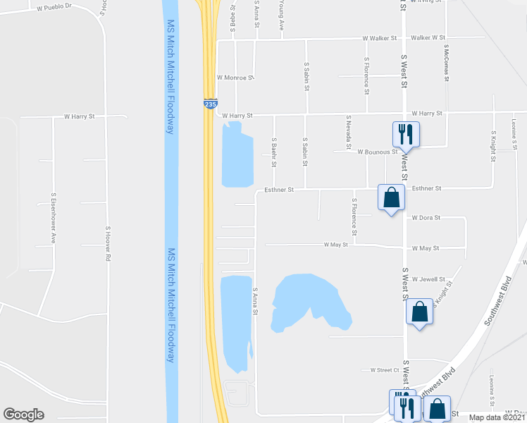 map of restaurants, bars, coffee shops, grocery stores, and more near 1838 South Anna Street in Wichita