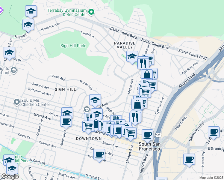 map of restaurants, bars, coffee shops, grocery stores, and more near 509 Diamond Avenue in South San Francisco