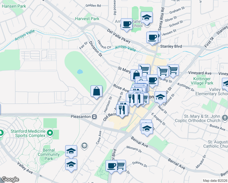 map of restaurants, bars, coffee shops, grocery stores, and more near 399 West Angela Street in Pleasanton