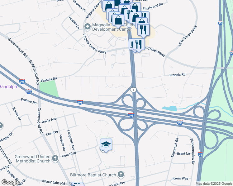 map of restaurants, bars, coffee shops, grocery stores, and more near 1221 Brushwood Avenue in Glen Allen