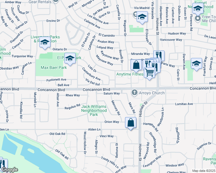 map of restaurants, bars, coffee shops, grocery stores, and more near 791 Vía Del Sol in Livermore