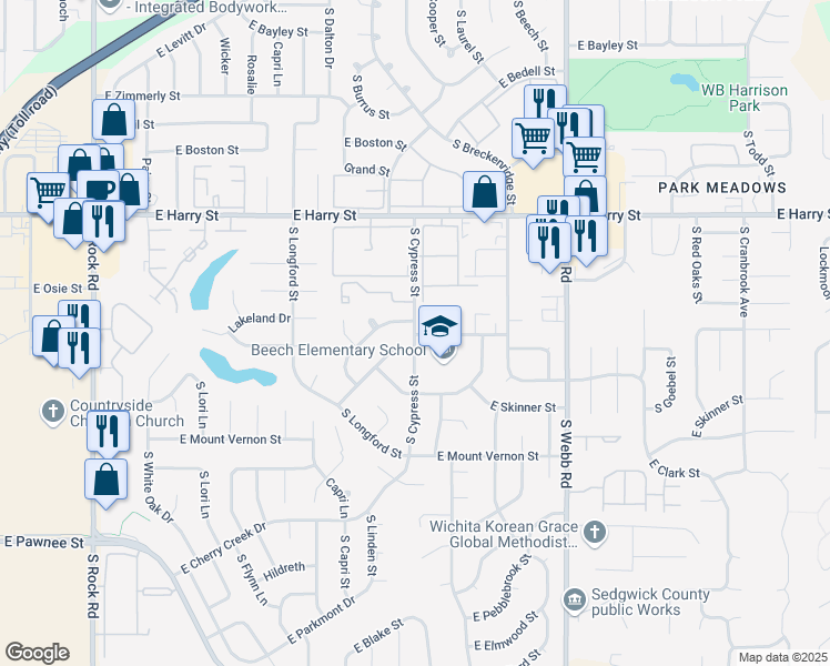 map of restaurants, bars, coffee shops, grocery stores, and more near 1830 South Cypress Street in Wichita
