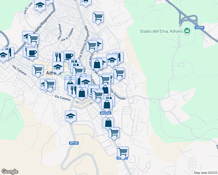 map of restaurants, bars, coffee shops, grocery stores, and more near Via Stefano Ittar in Adrano