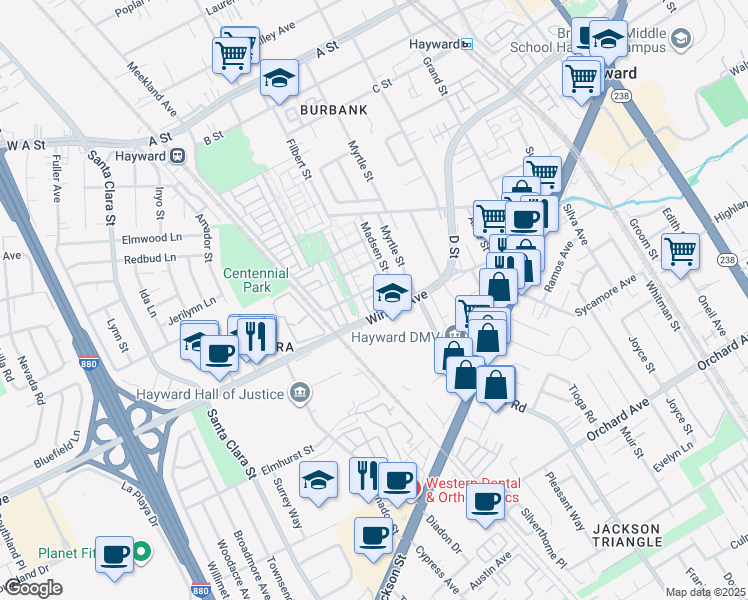 map of restaurants, bars, coffee shops, grocery stores, and more near 1231 George Circle in Hayward