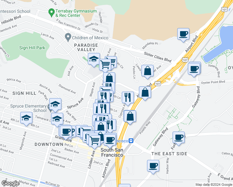 map of restaurants, bars, coffee shops, grocery stores, and more near 235 Armour Avenue in South San Francisco