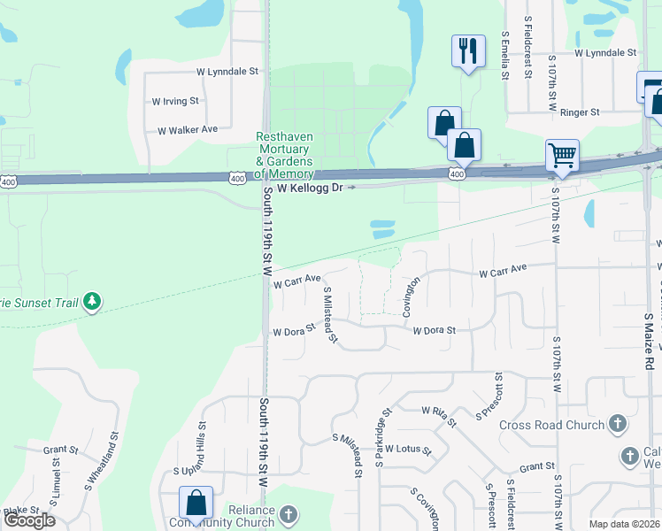 map of restaurants, bars, coffee shops, grocery stores, and more near 11707 West Carr Circle in Wichita