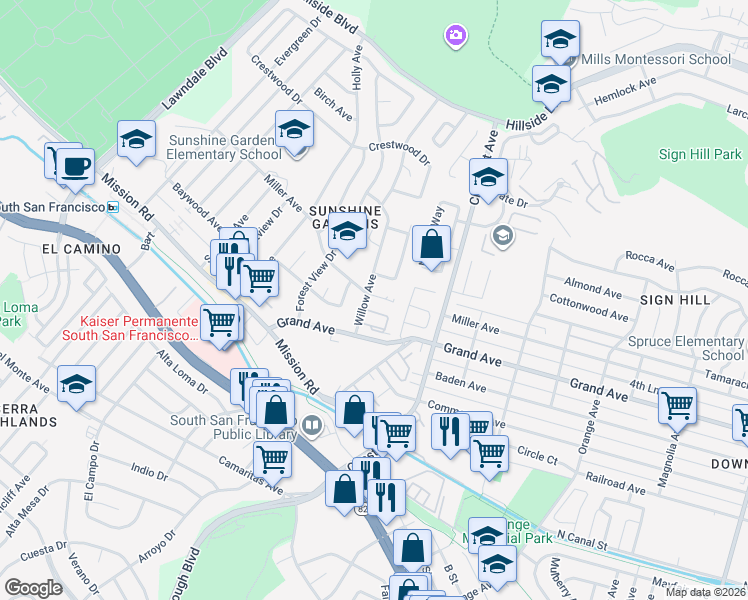 map of restaurants, bars, coffee shops, grocery stores, and more near 733 Marcie Circle in South San Francisco