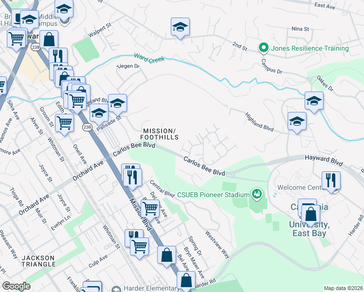 map of restaurants, bars, coffee shops, grocery stores, and more near 25200 Carlos Bee Boulevard in Hayward