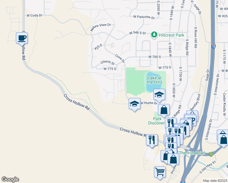 map of restaurants, bars, coffee shops, grocery stores, and more near South Cliffs Drive in Cedar City
