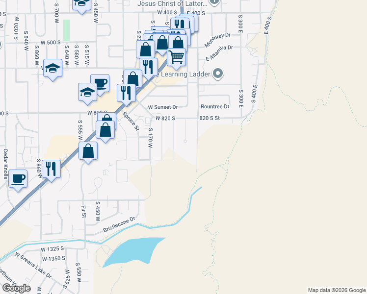 map of restaurants, bars, coffee shops, grocery stores, and more near South 75 East in Cedar City